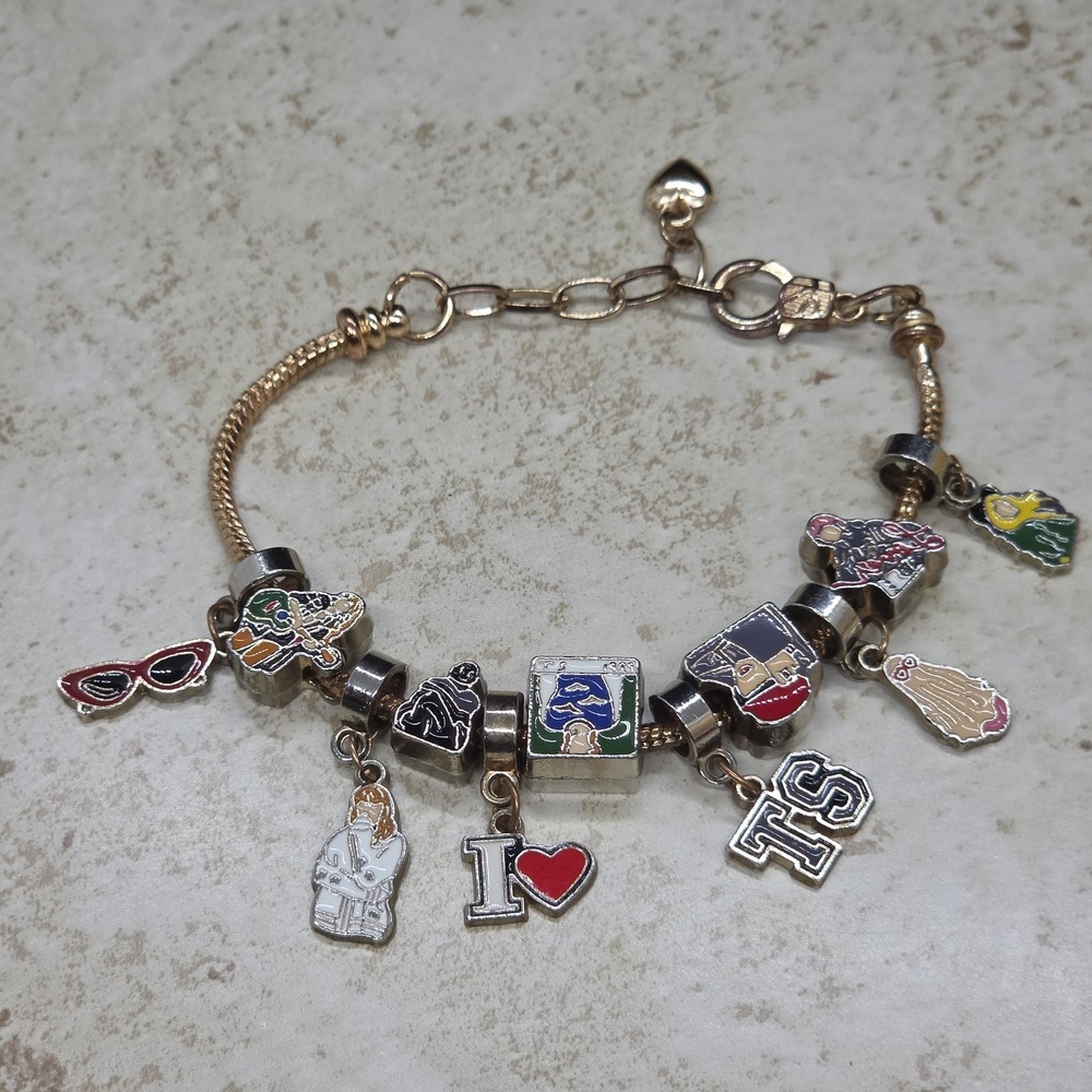 Taylor Swift Swifty Charm Bracelet 11 Enamel Charms Gold Tone - Picture 2 of 8